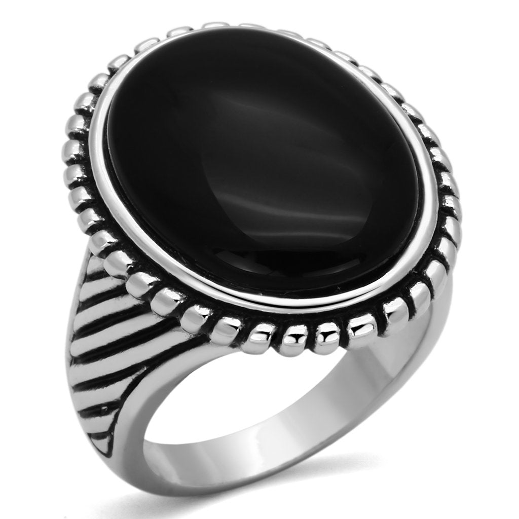 JCE318 Rhodium Brass Ring with Semi-Precious Onyx in Jet